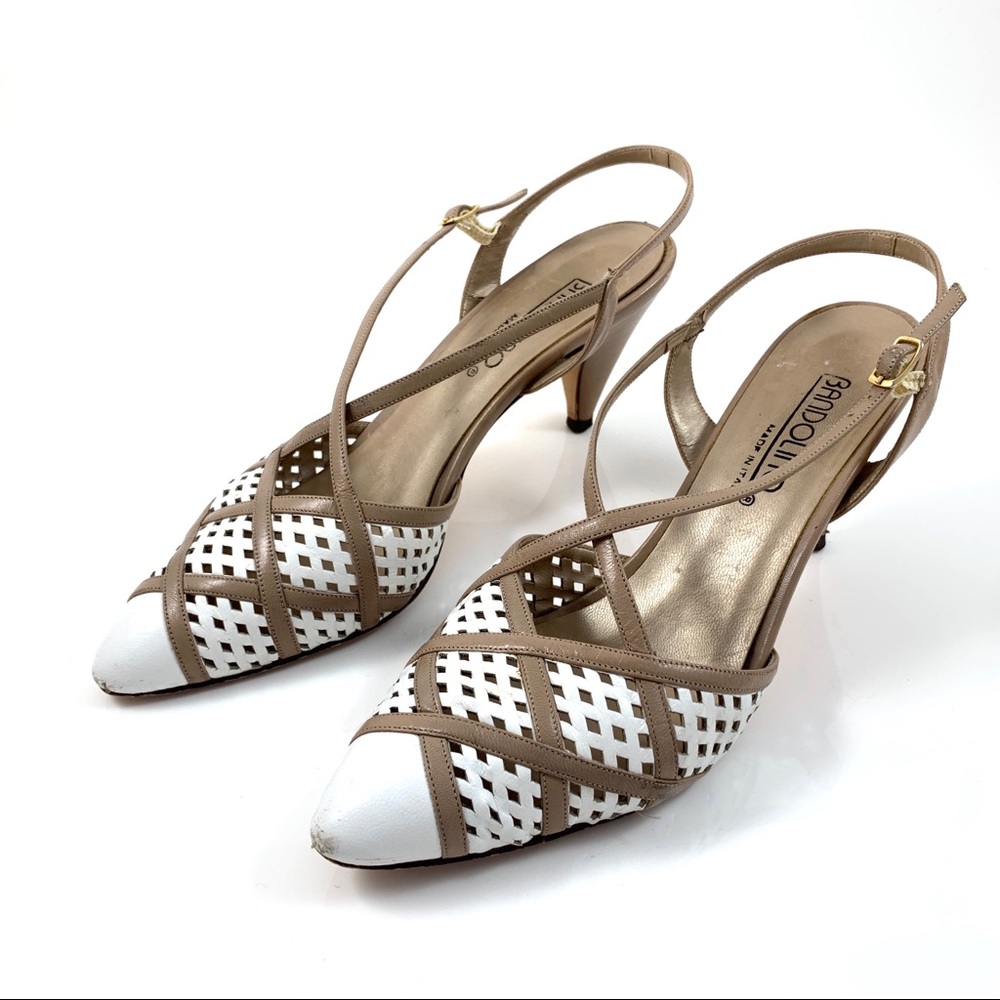 ❌SOLD❌1960s BANDOLINO nude + white leather sling backs - Picture 1 of 7